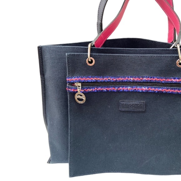 Longchamp Blue Cloth Tote with Sequin Trimmed Attached External Pochette Rare - Picture 3 of 10